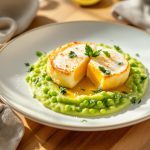 Œuf pané coulant sur purée de petits pois