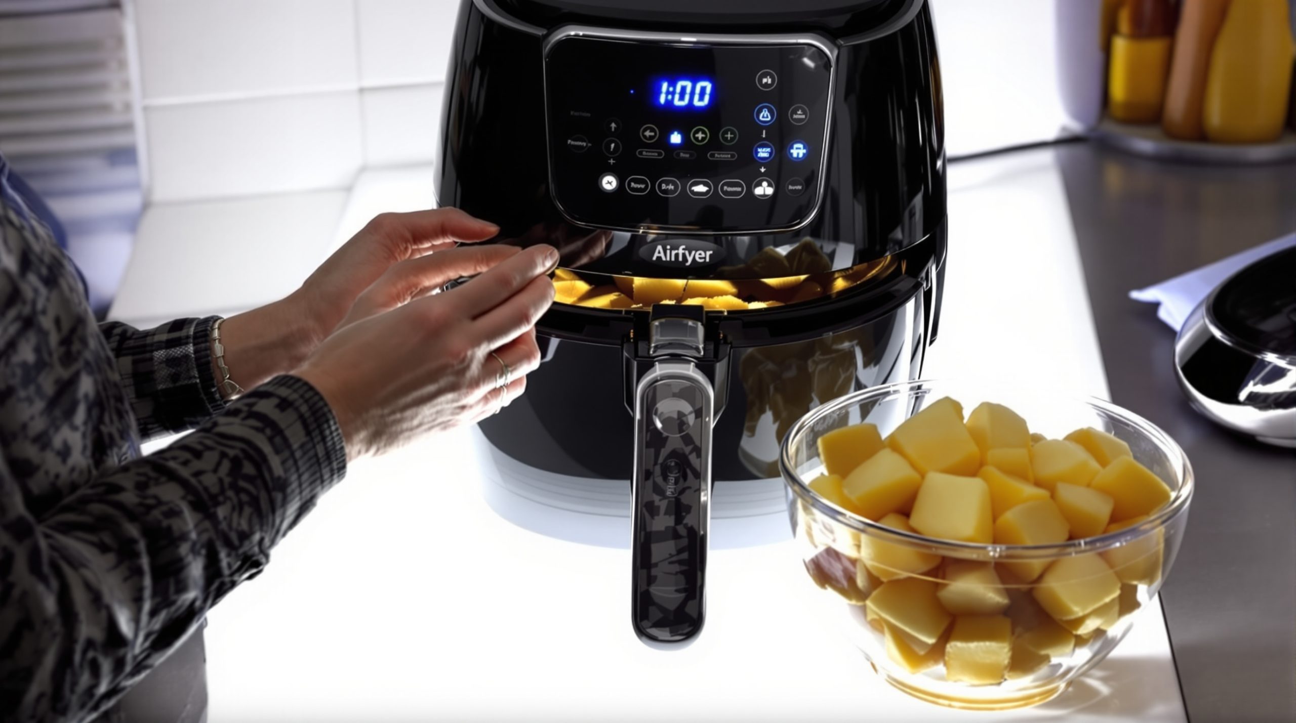 Airfryer et cubes de patates douces prêts à cuire.
