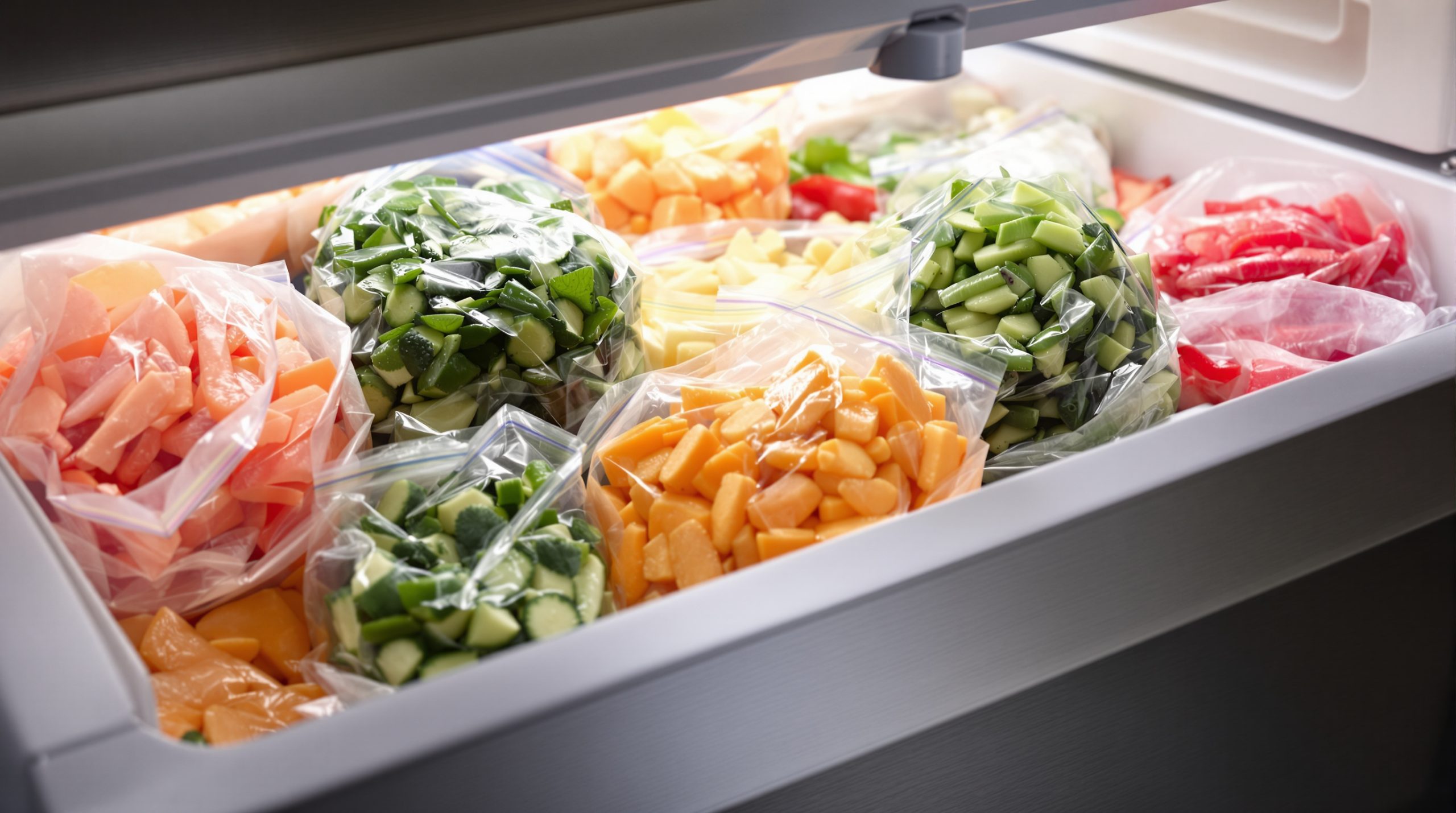 Congélateur avec légumes surgelés organisés.