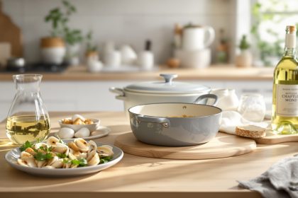 Cuisine élégante avec cocotte de morilles et vin