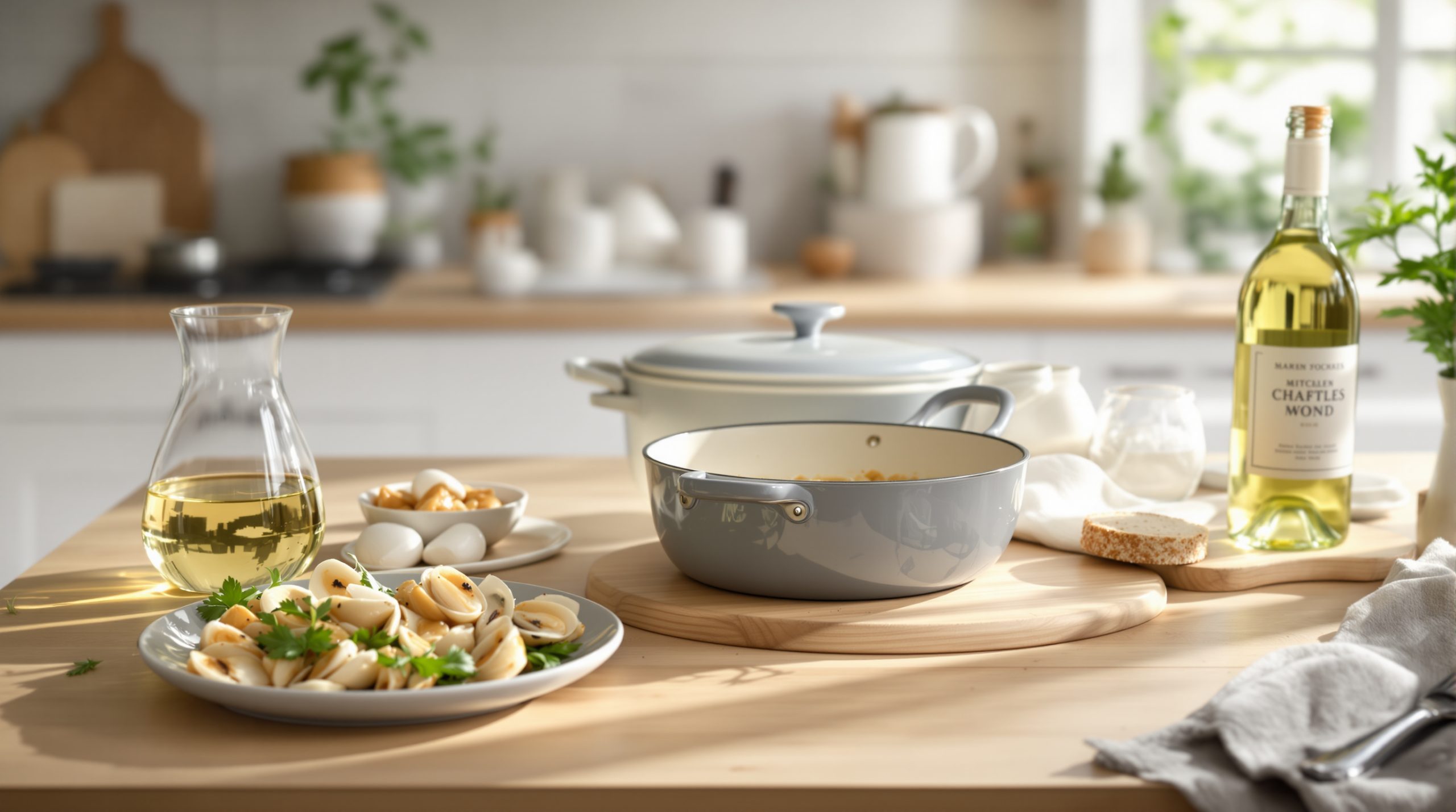 Cuisine élégante avec cocotte de morilles et vin