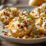 Plat de pommes de terre farcies gratinées, ambiance rustique et lumineuse.