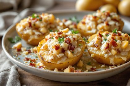 Plat de pommes de terre farcies gratinées, ambiance rustique et lumineuse.