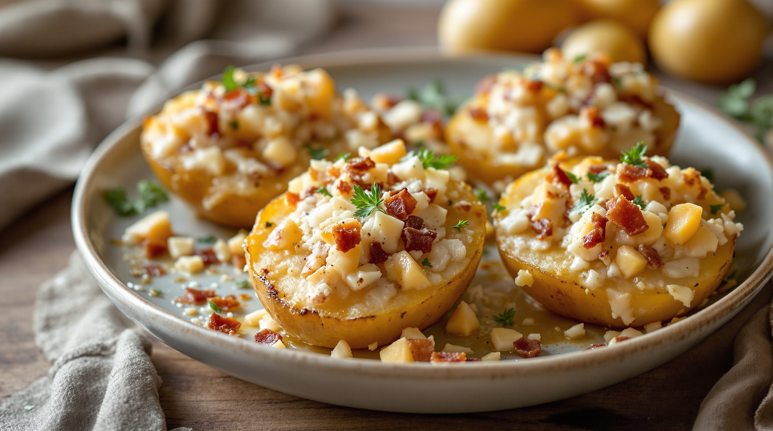 Plat de pommes de terre farcies gratinées, ambiance rustique et lumineuse.