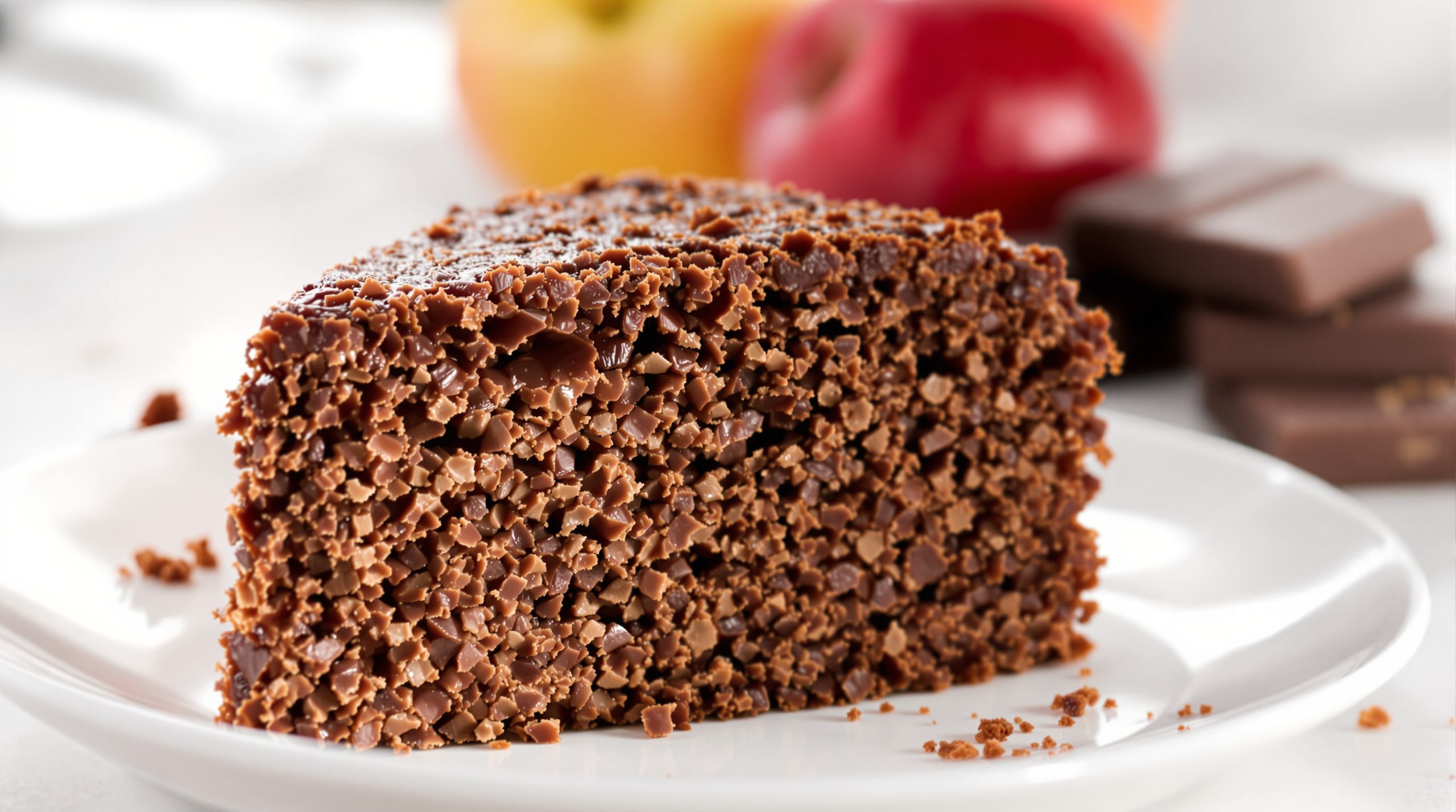 Tranche de gâteau chocolat-pomme sur assiette
