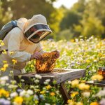 Apiculteur dans un champ de fleurs