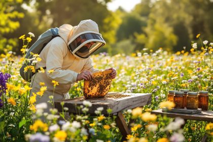 Apiculteur dans un champ de fleurs