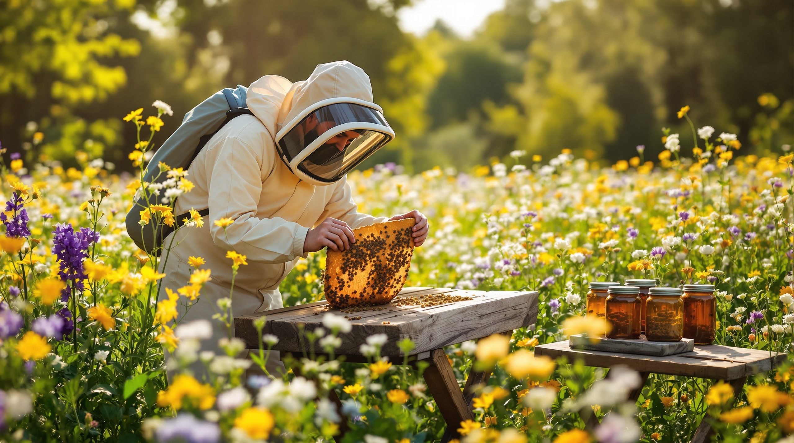 Apiculteur dans un champ de fleurs