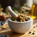 Tapenade traditionnelle en préparation.