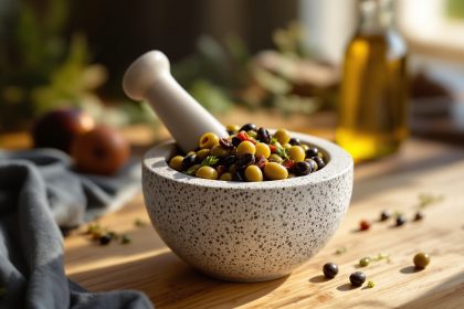 Tapenade traditionnelle en préparation.