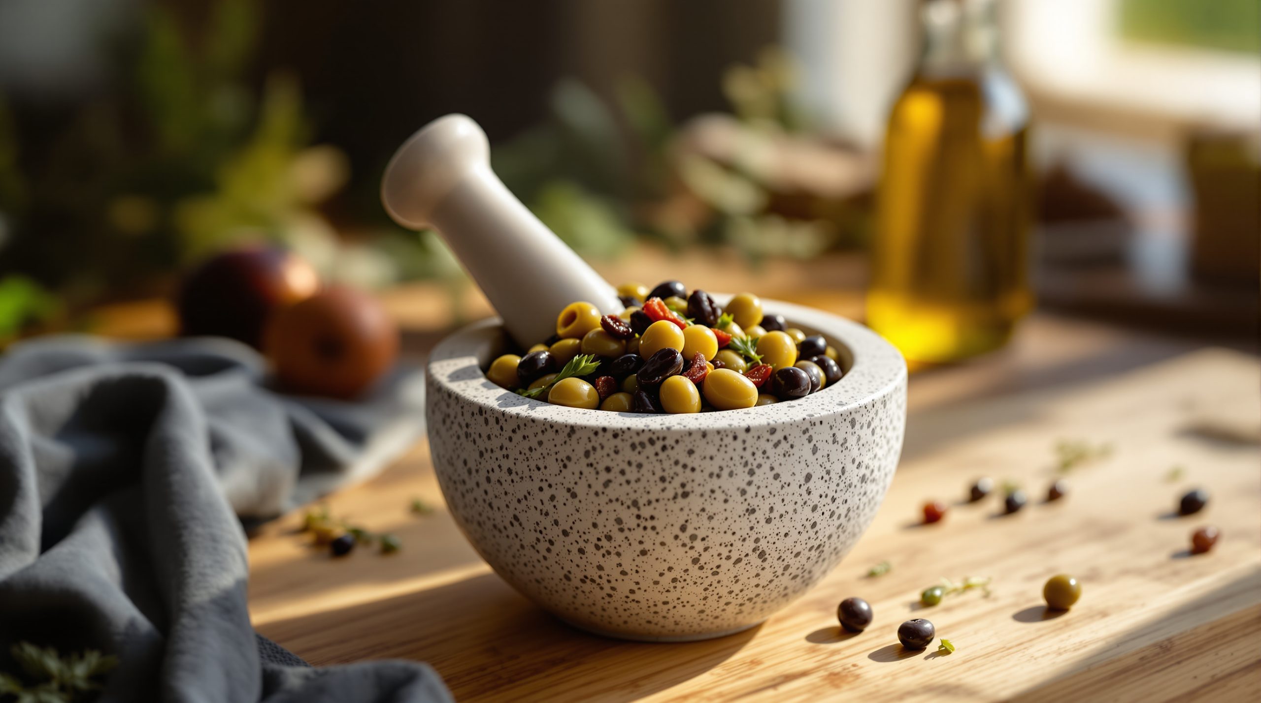 Tapenade traditionnelle en préparation.