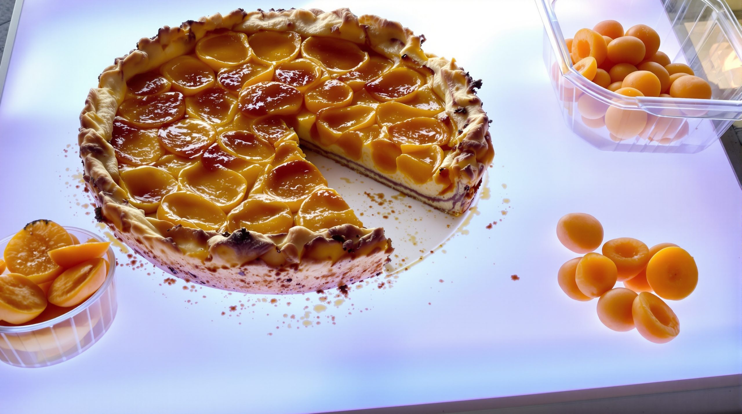 Clafoutis aux abricots portionné sur un comptoir de cuisine