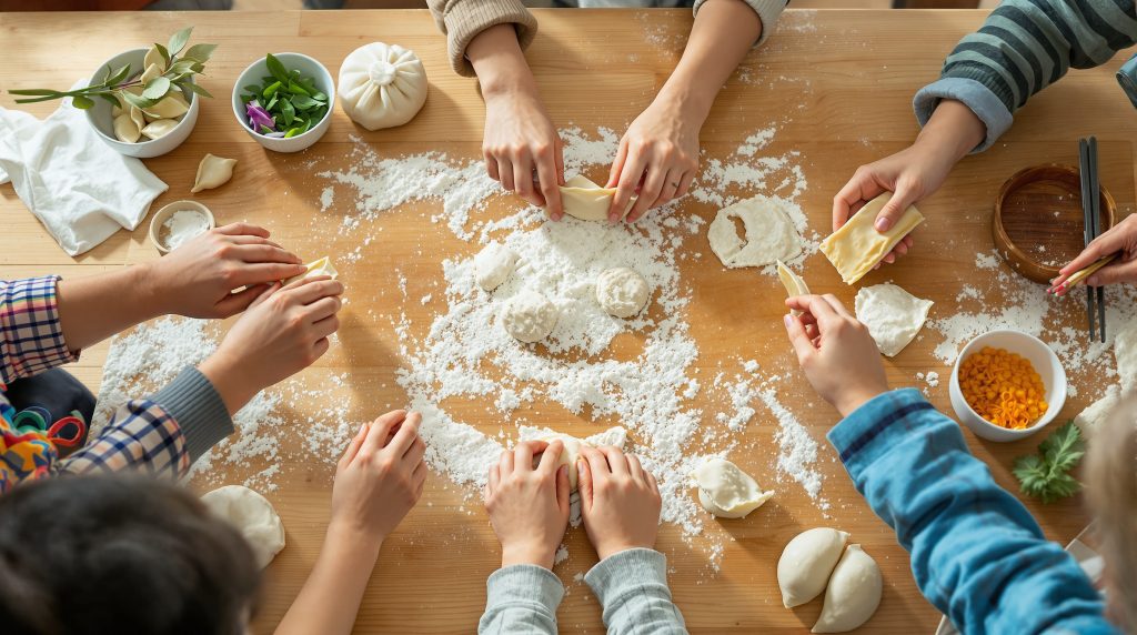 Préparation de Jiaozi en famille