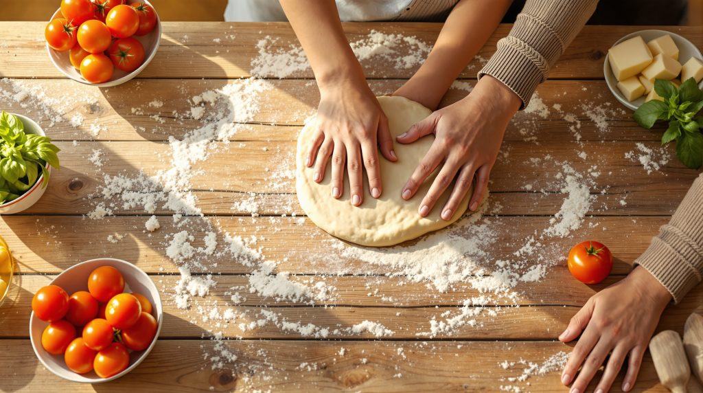 Préparation de pizza en famille