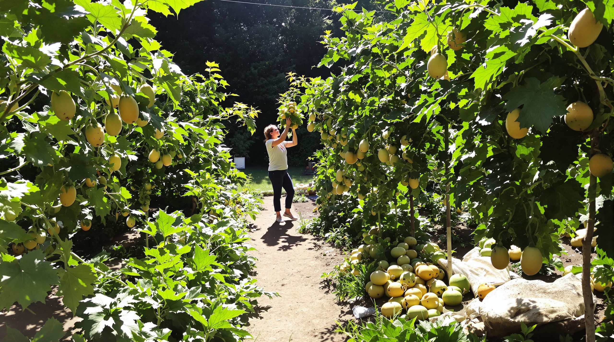 Récolte de courges au potager