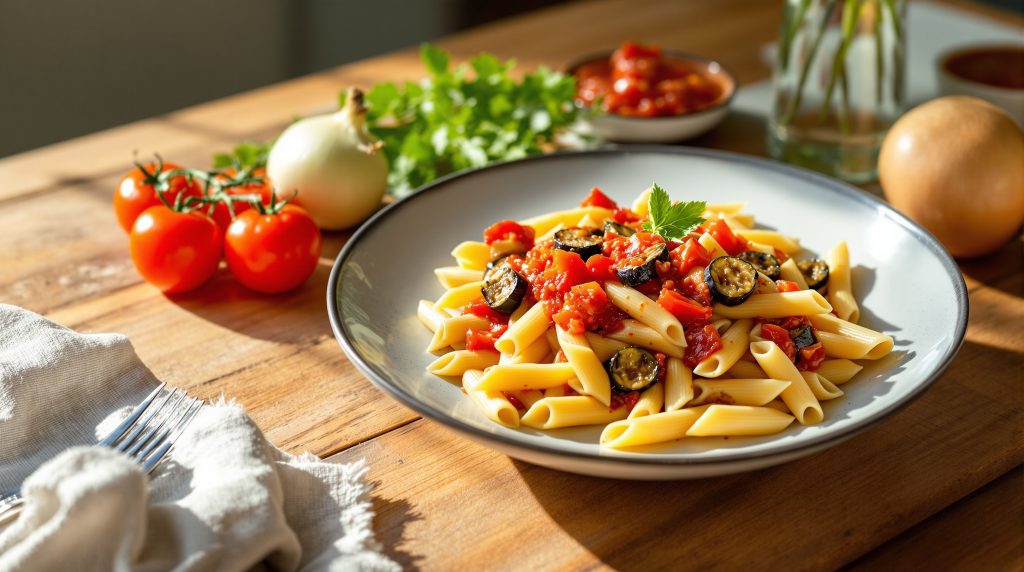 Plat_méditerranéen_aubergines_penne